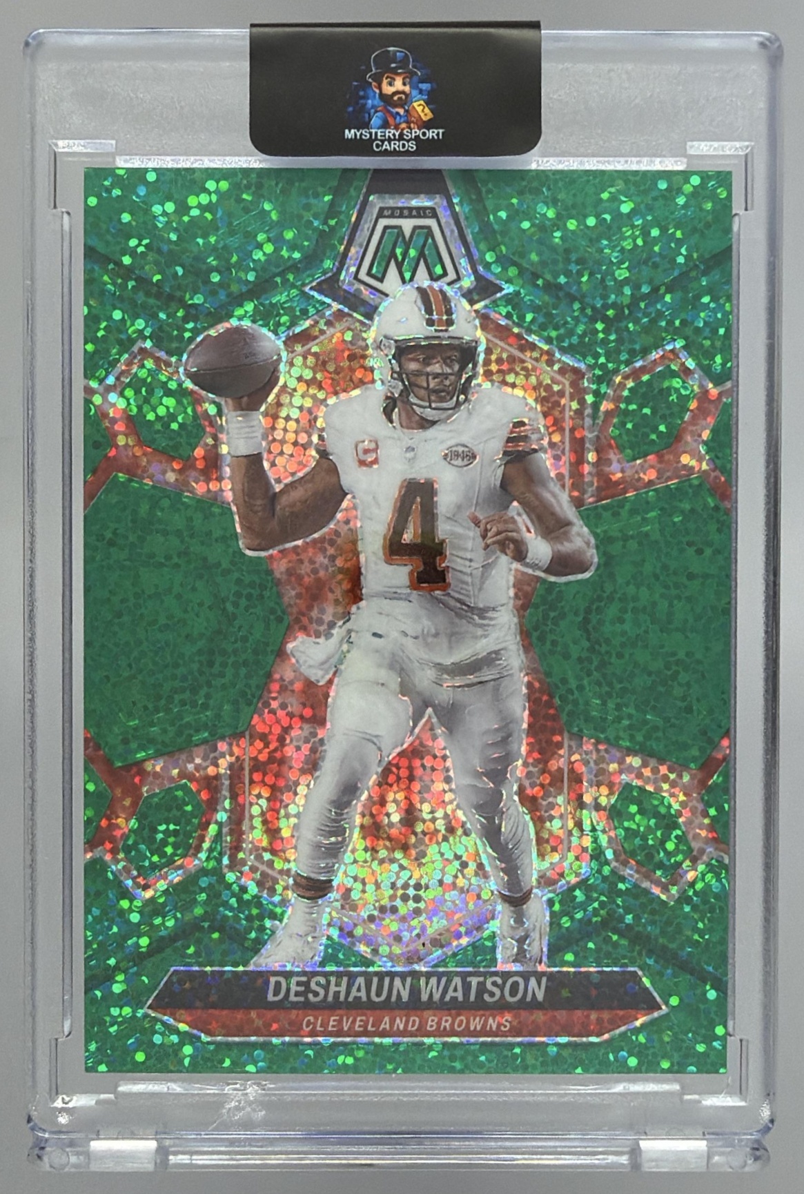 Card image for 2024 Panini Mosaic Deshaun Watson Green Sparkle Prizm /8 #50 Browns
