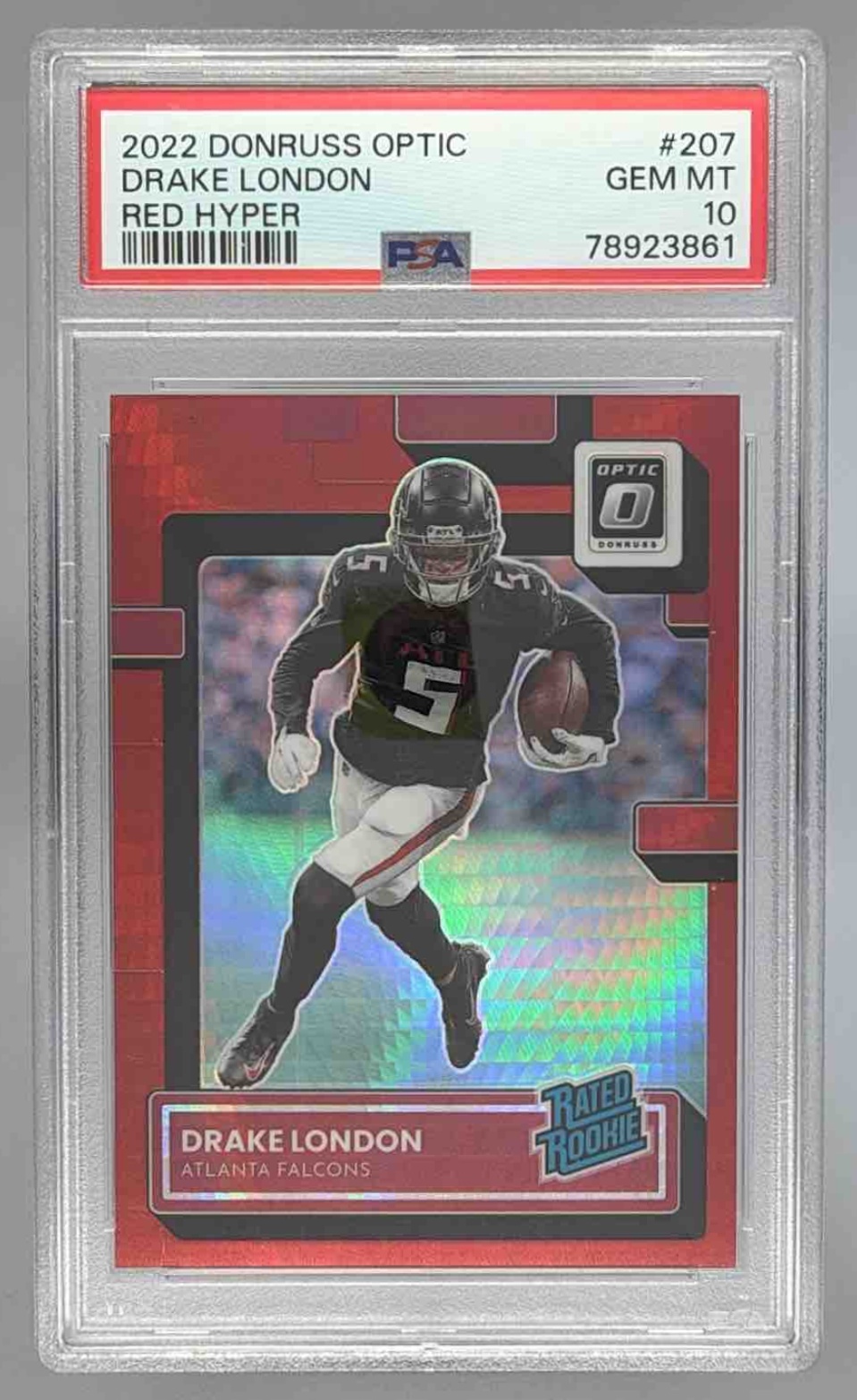 Card image for 2022 Panini Donruss Optic Drake London Red Hyper #207 RC Rated Rookie Falcons
