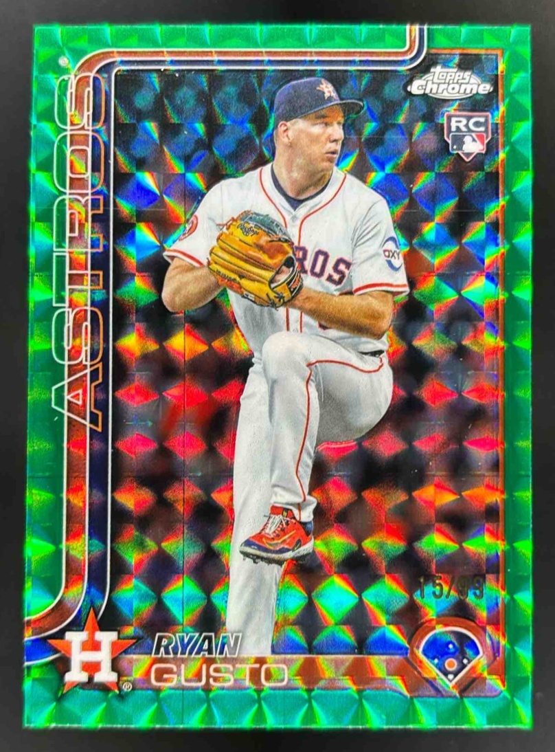 Card image for 2025 Topps Chrome Update Ryan Gusto Green Geometric Refractor /99 RC