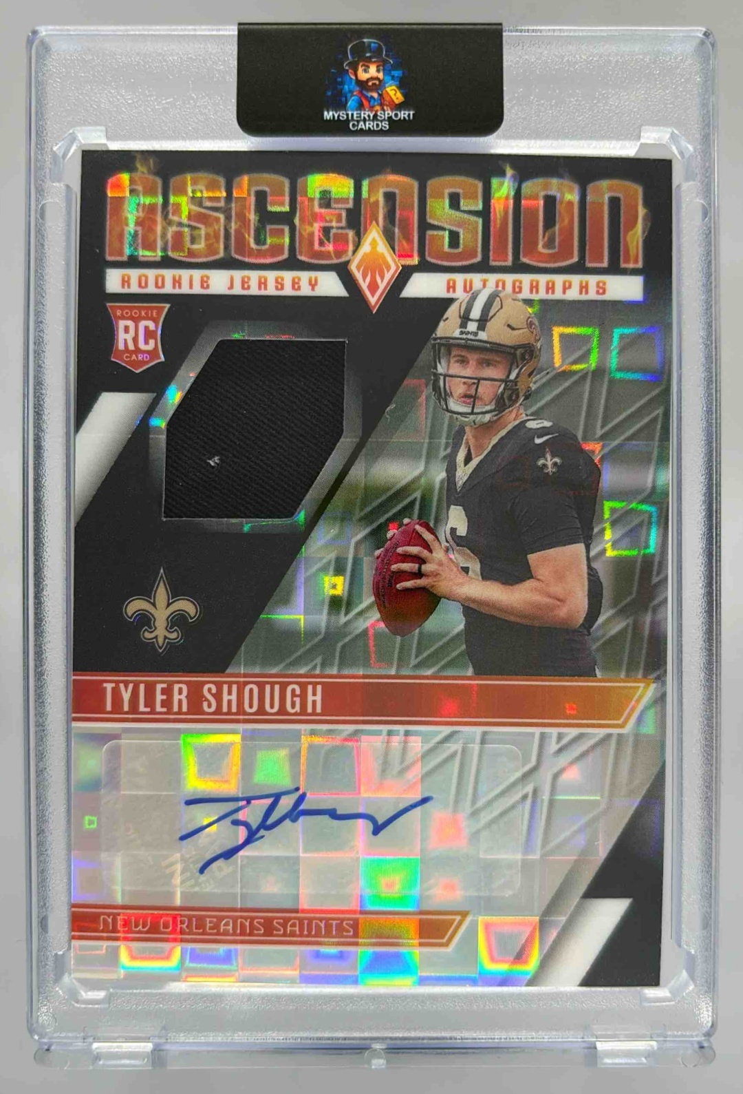 Card image for 2025 Panini Phoenix Tyler Shough Ascension Rookie Jersey Auto Bronze Pandora /99 #ARJ-TSH MEM RC Saints