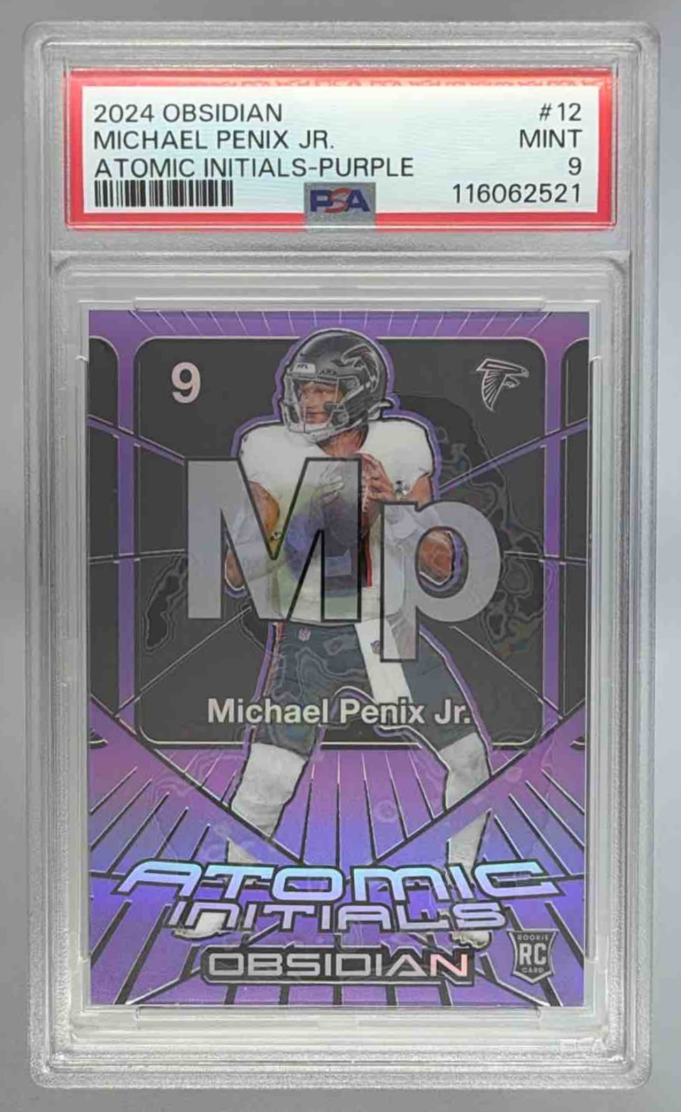Card image for 2024 Panini Obsidian Michael Penix Jr. Atomic Initials Purple /50 #12 RC Falcons