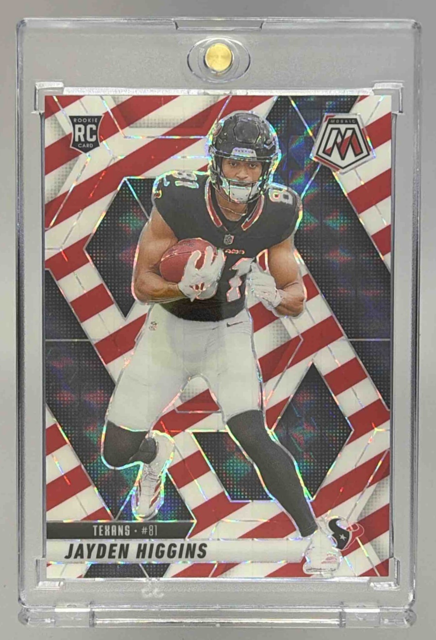 Card image for 2025 Panini Mosaic Jayden Higgins Rookies Red and White Stripe Prizm #346 RC Texans