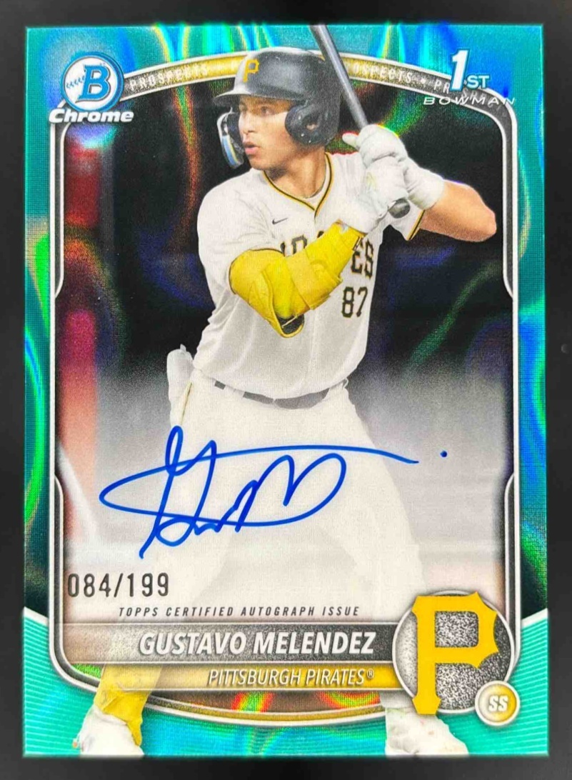 Card image for 2025 Bowman Draft Gustavo Melendez Chrome Auto Aqua Lava Refractor /199 1st