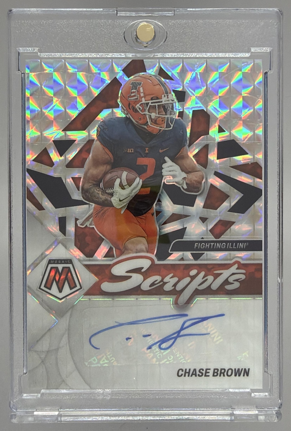 Card image for 2023 Panini Mosaic Draft Picks Chase Brown Scripts Mosaic #SM-CBR RC Auto