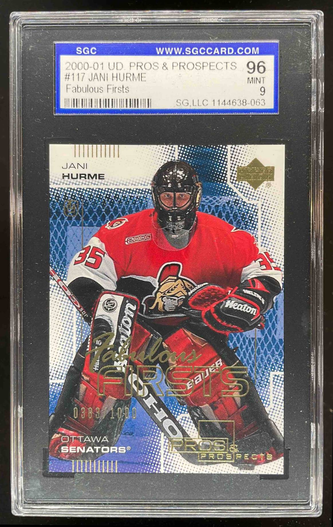 Card image for 2000-01 Upper Deck Pros & Prospects Jani Hurme /1000 #117 RC SGC 9 Rookie POP 1