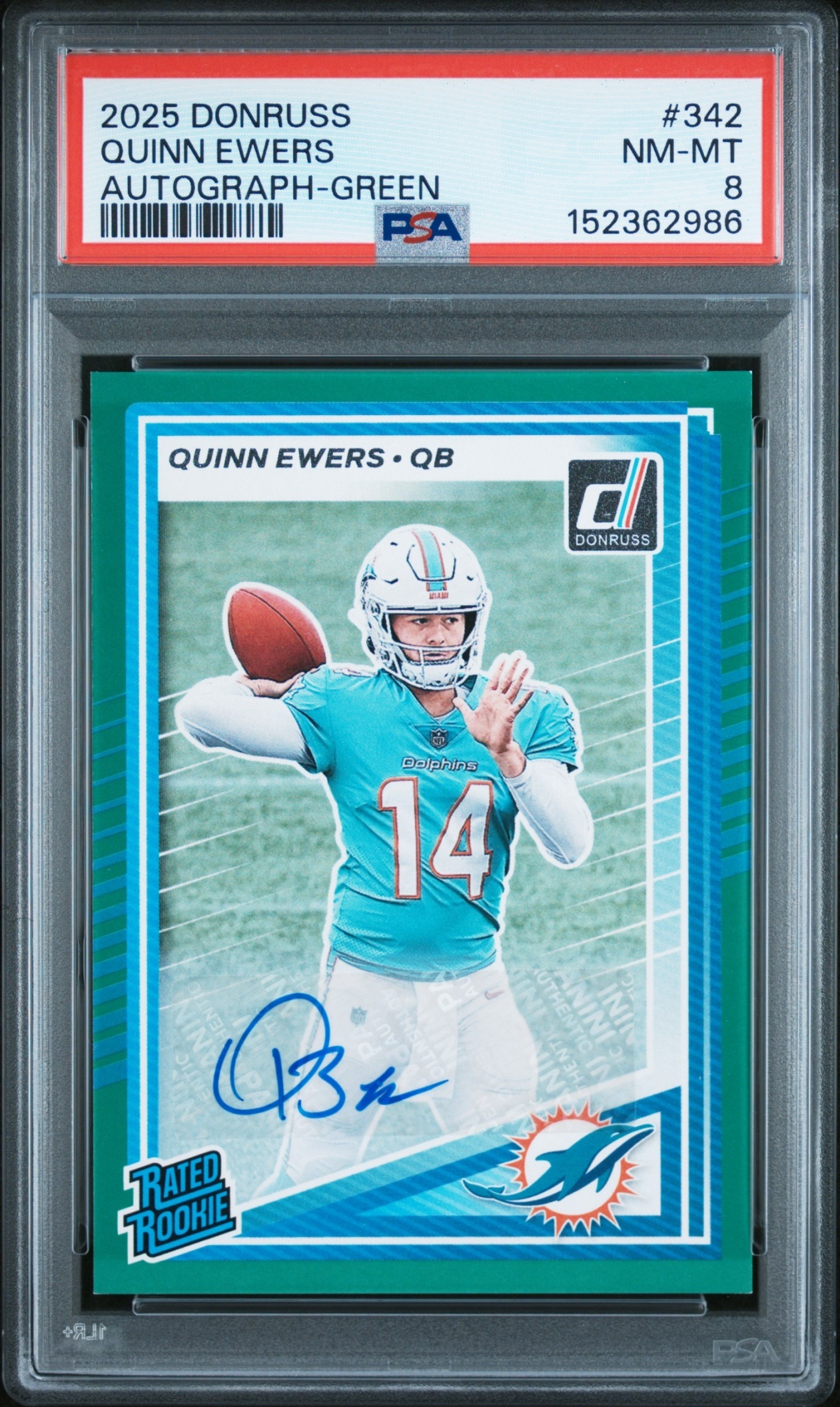 Card image for 2025 Panini Donruss Quinn Ewers Rated Rookie Auto Green #342 RC Dolphins