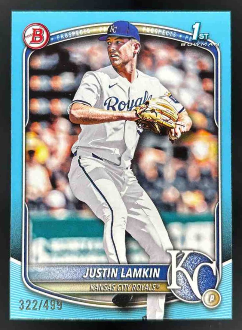 Card image for 2025 Bowman Draft Justin Lamkin Sky Blue Border /499 #BD-62 Royals