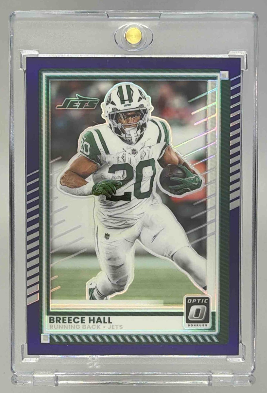 Card image for 2025 Panini Donruss Optic Breece Hall Purple Prizm /60 #195 Jets