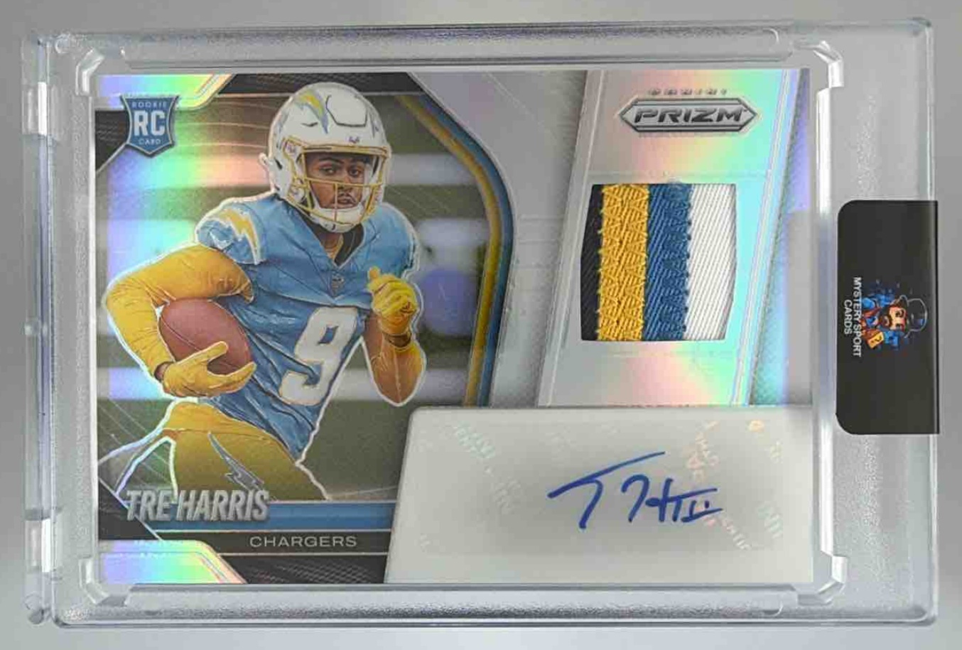 Card image for 2025 Panini Prizm Tre Harris Rookie Patch Auto Silver /99 #RPH-THS MEM RC Chargers