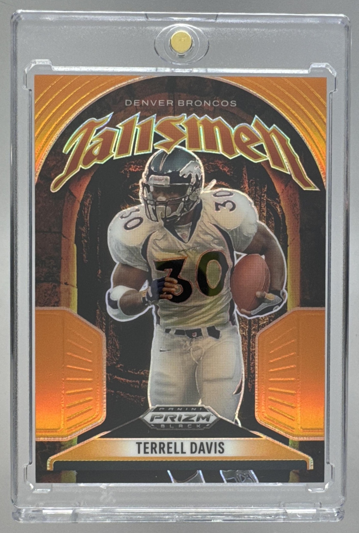 Card image for 2025 Panini Prizm Black Terrell Davis Talismen Orange /49 #19 Broncos