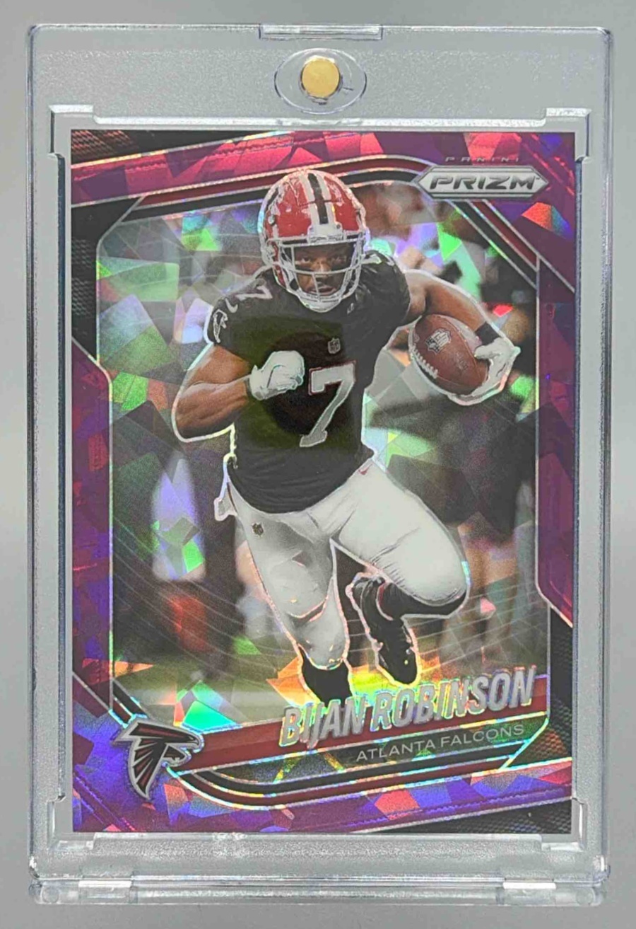Card image for 2025 Panini Football Prizm Bijan Robinson Purple Ice /225 #96 Atlanta Falcons