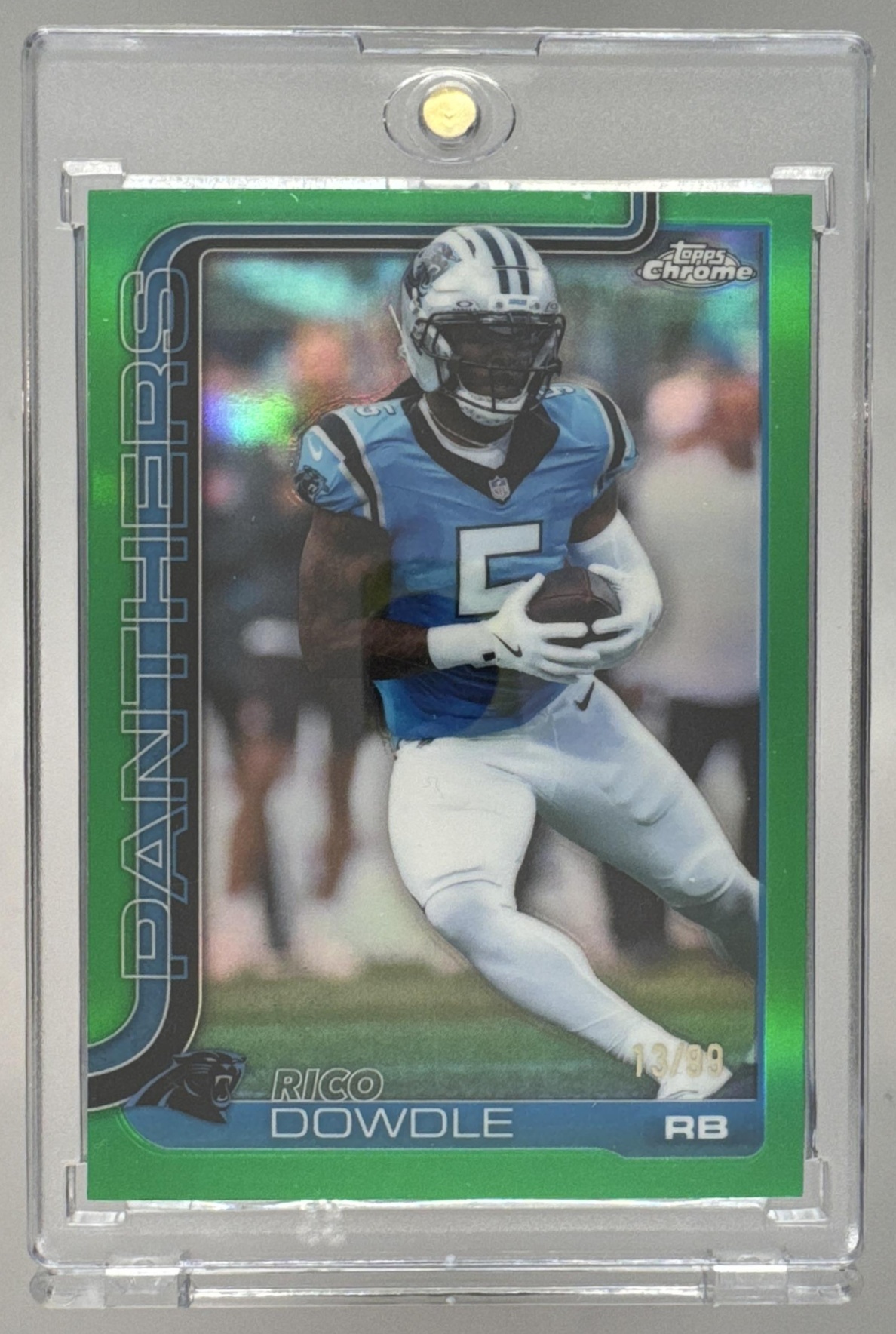 Card image for 2025 Topps Chrome Rico Dowdle Green Lava Refractor /99 #43 Panthers