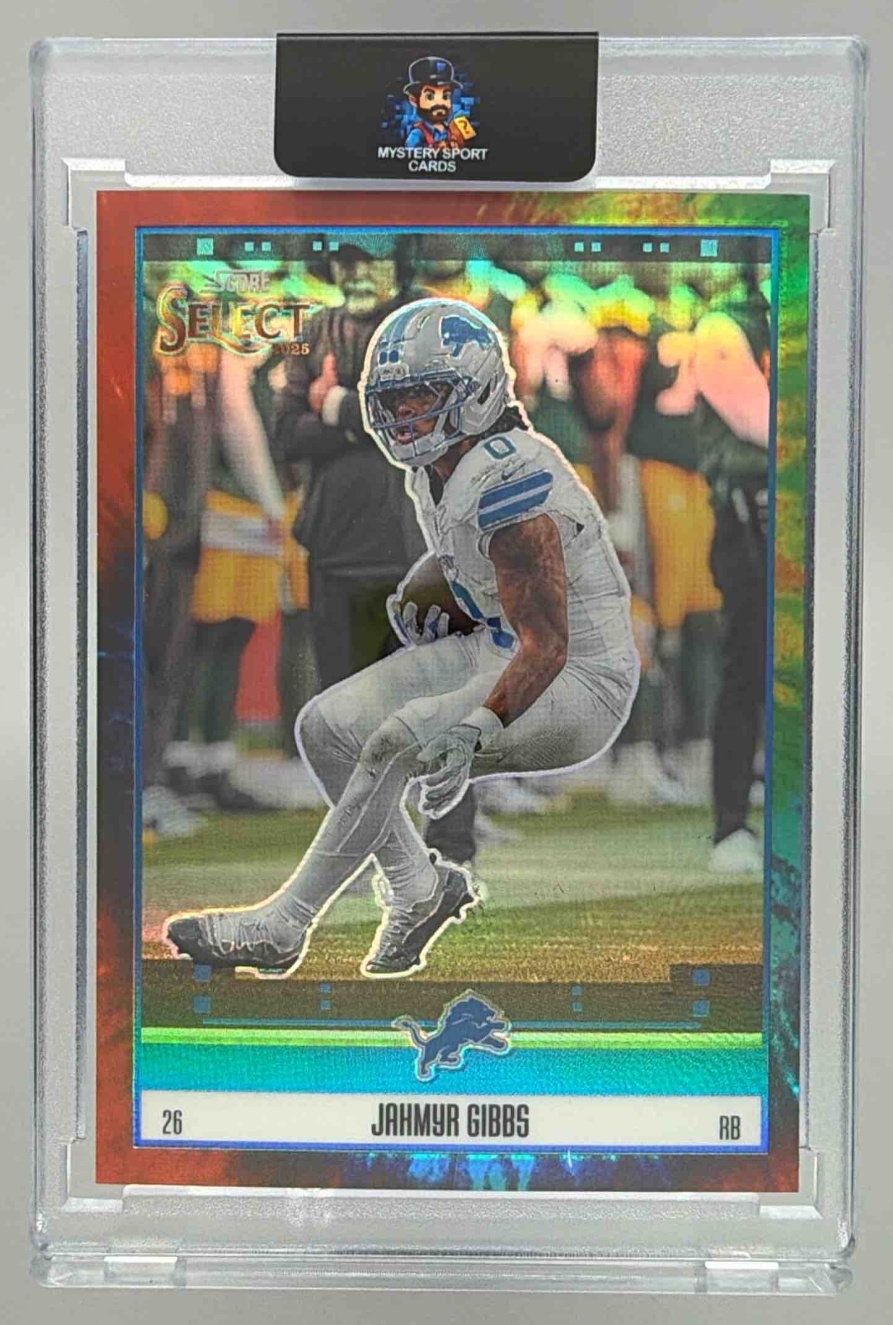 Card image for 2025 Panini Select Jahmyr Gibbs Score Throwback Tie-Dye Prizm /25 #4 Lions