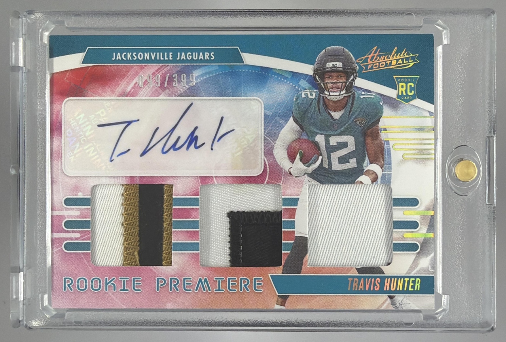 Card image for 2025 Panini Absolute Travis Hunter Rookie Premiere Materials Autos /399 #RPM-THR MEM RC Auto Jaguars