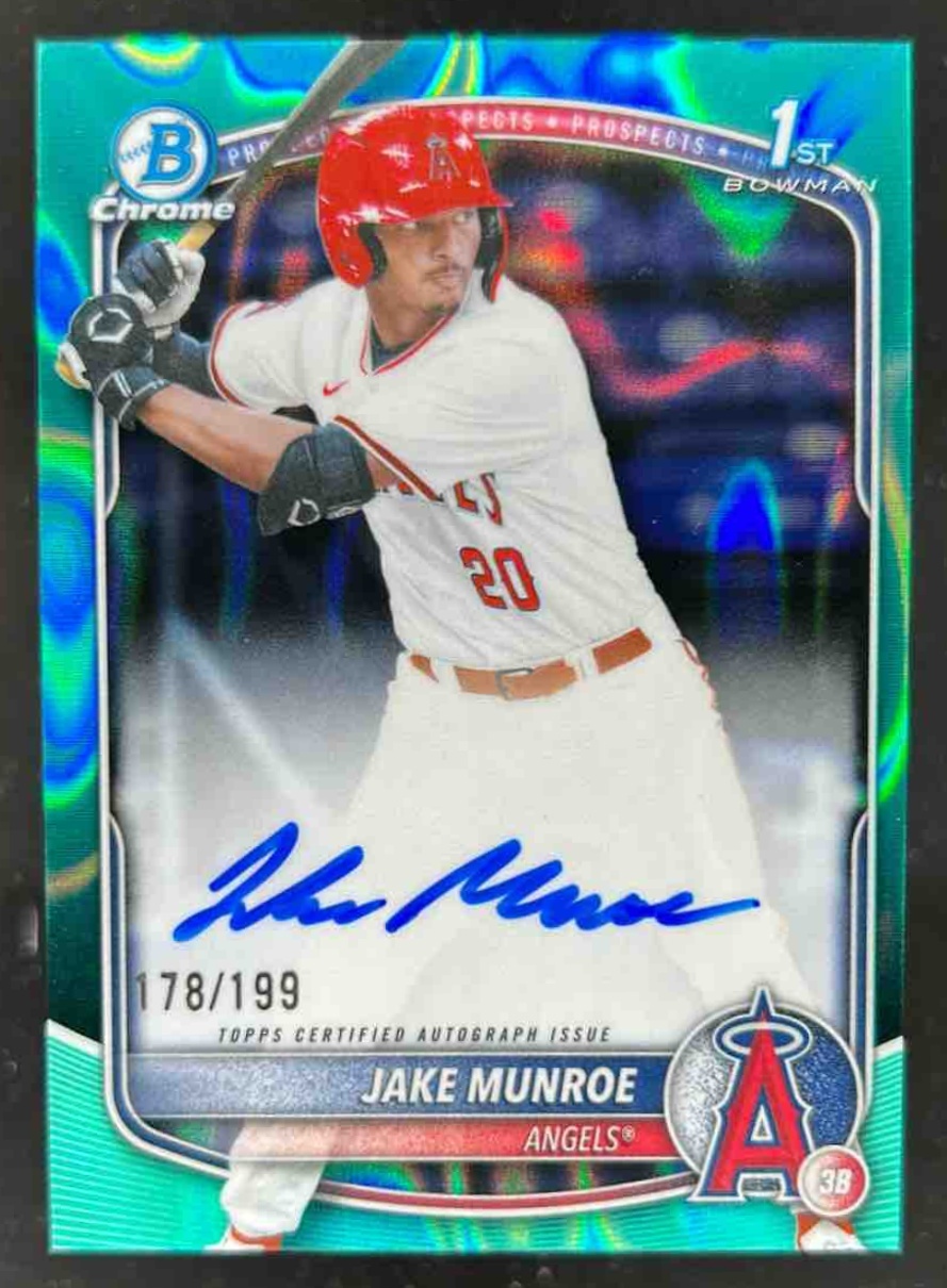 Card image for Jake Munroe 2025 Bowman Draft Chrome Prospect Auto Aqua Lava Refractor /199