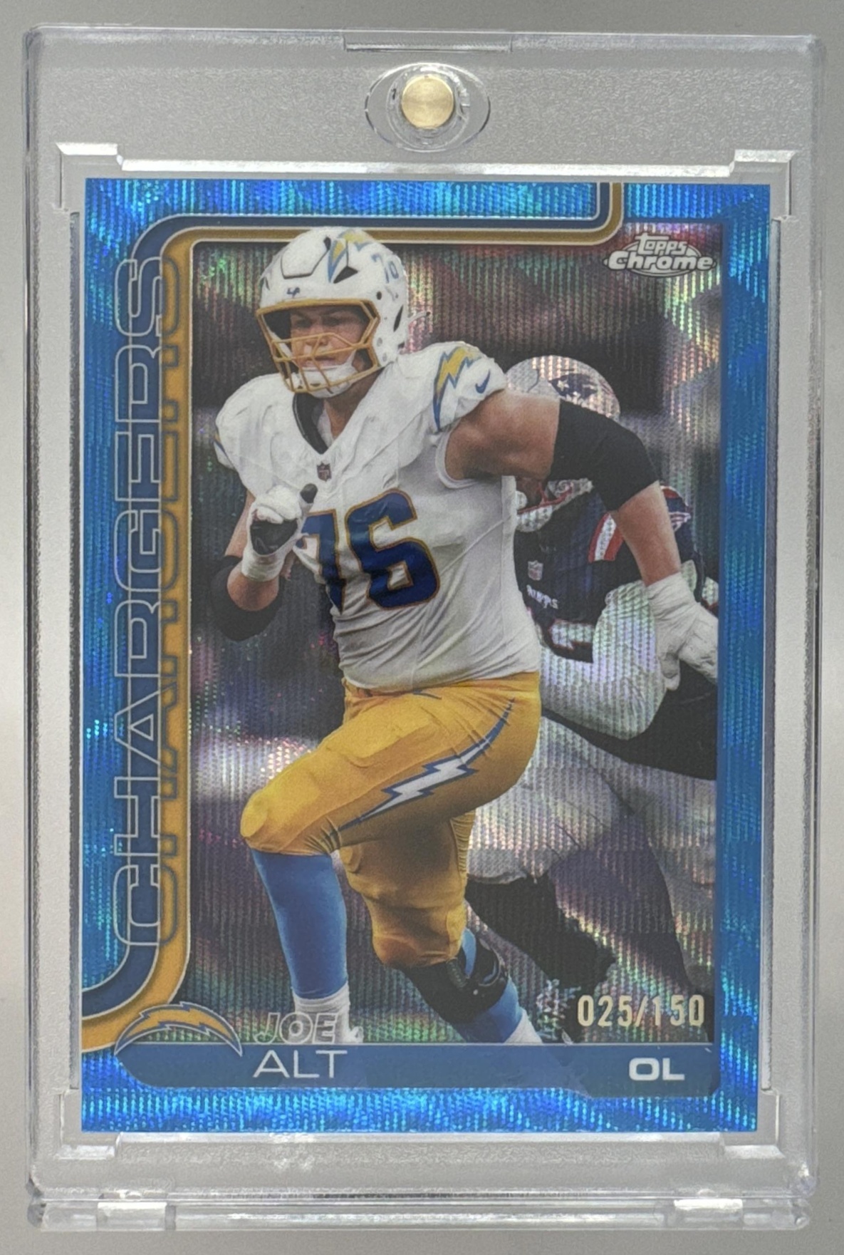 Card image for 2025 Topps Football Chrome Joe Alt Blue Refractor /150 #157 Los Angeles Chargers