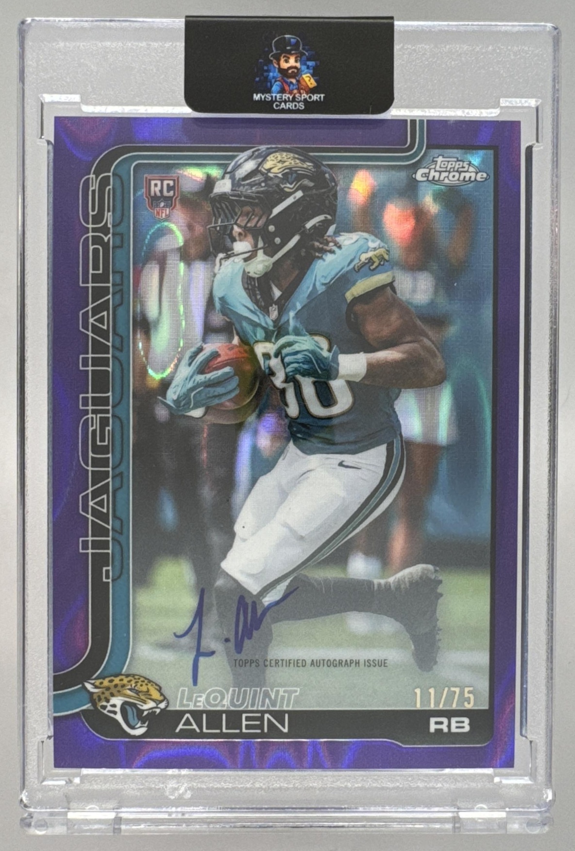 Card image for 2025 Topps Chrome LeQuint Allen Rookie Auto Purple Refractor /75 #RA-LEA RC Jaguars