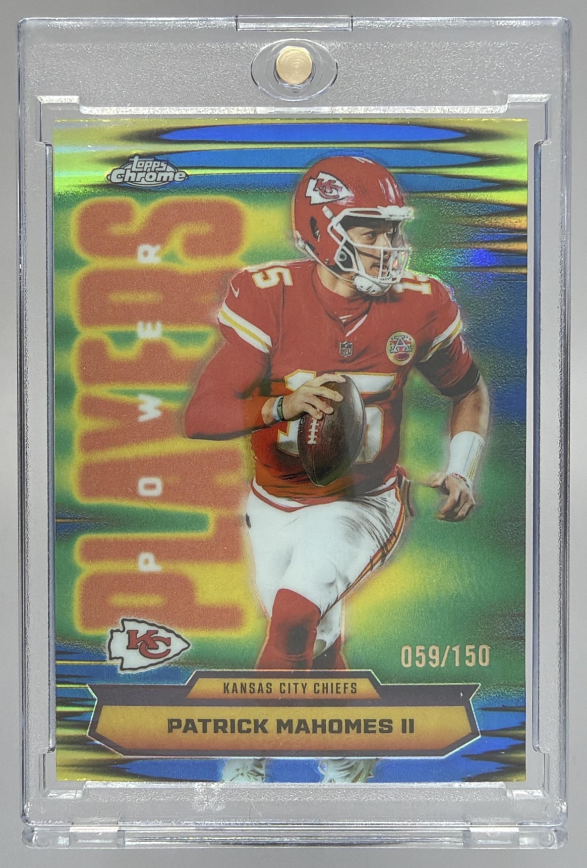 Card image for 2025 Topps Chrome Patrick Mahomes II Power Players Blue Refractor /150 #PP-6 Chiefs