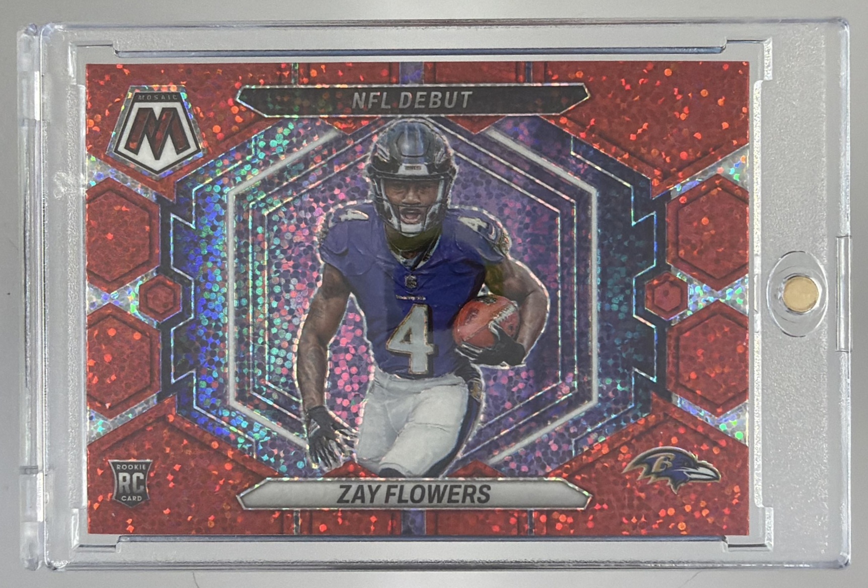 Card image for 2023 Panini Mosaic Zay Flowers Reactive Blue Mosaic #ND-18 RC NFL Debut Ravens