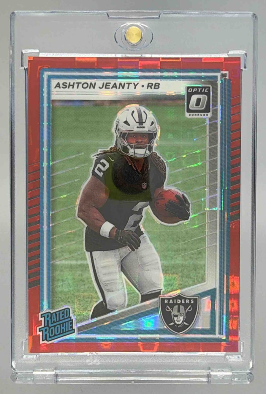 Card image for 2025 Panini Donruss Ashton Jeanty Optic Rated Rookie Preview Red & Green #305 RC Raiders