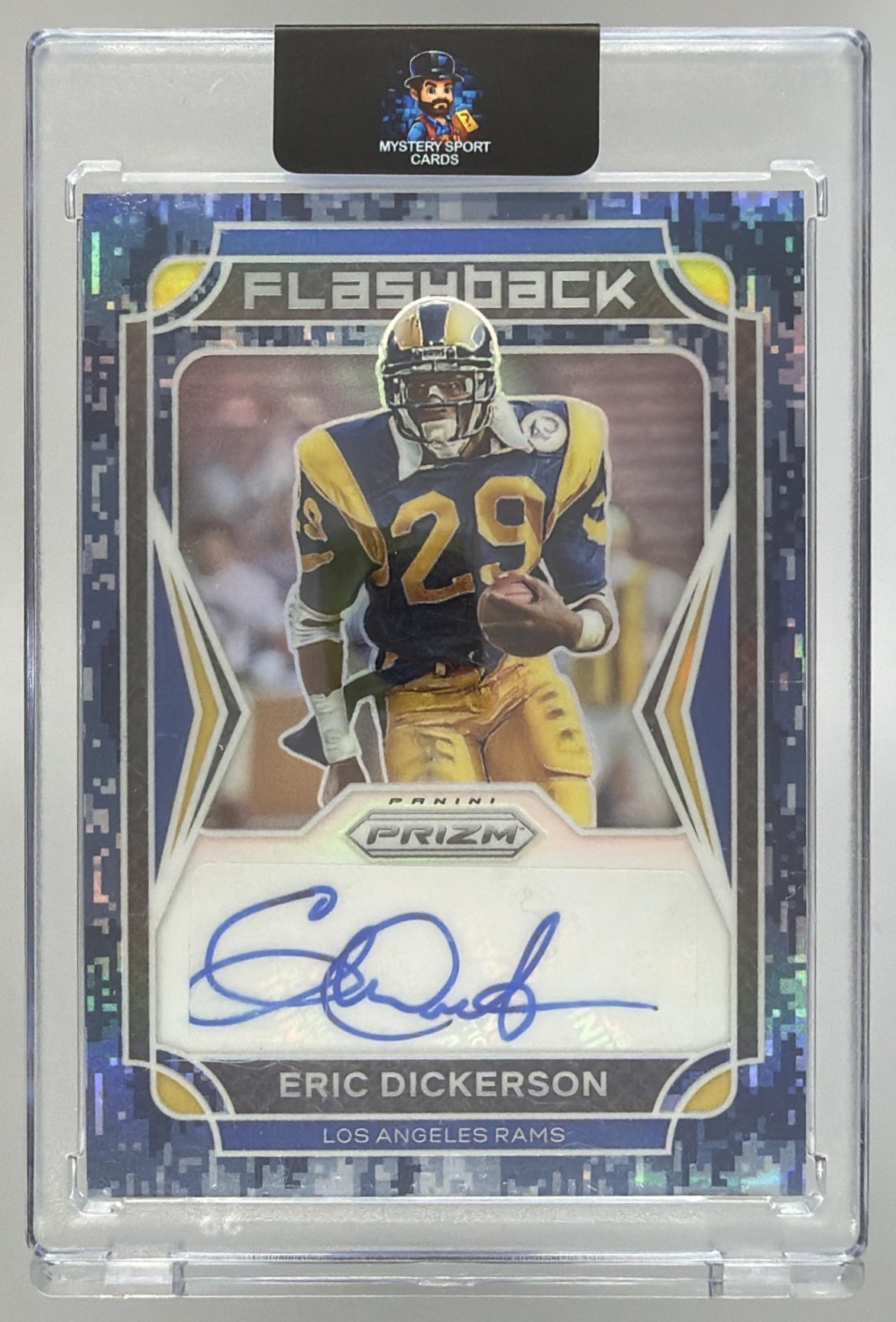 Card image for 2021 Panini Prizm Eric Dickerson Flashback Auto Navy Camo /25 #FA-ED Rams