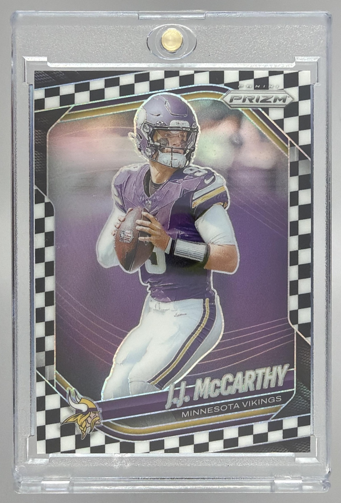 Card image for 2025 Panini Football Prizm J.J. McCarthy Purple Pulsar #279 Minnesota Vikings