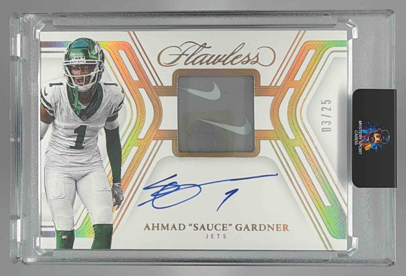 Card image for 2024 Panini Flawless Ahmad Sauce Gardner Patch Auto /25 #PA-AGR MEM Jets