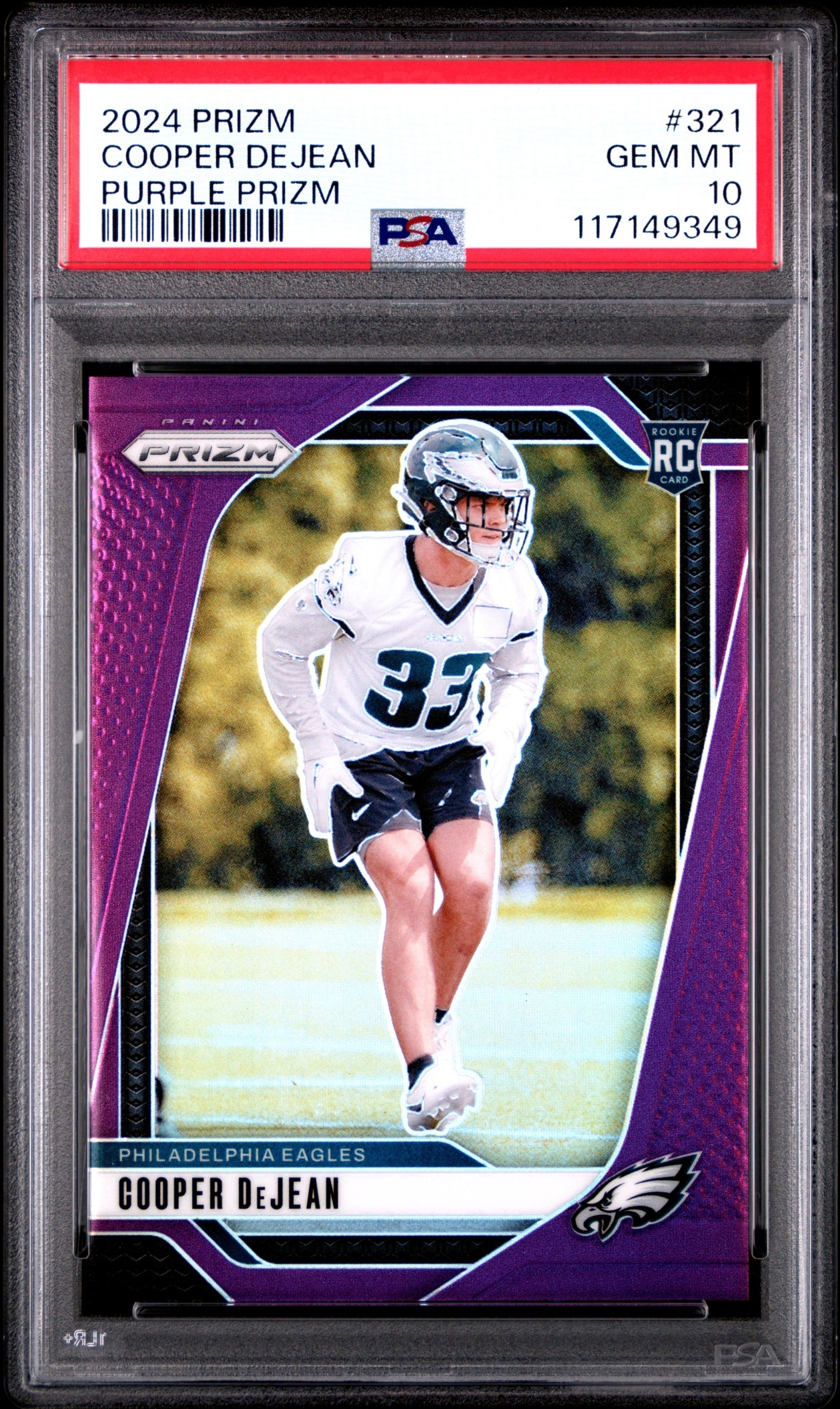 Card image for 2024 Panini Football Prizm Cooper DeJean Purple /125 #321 RC Philadelphia Eagles PSA 10