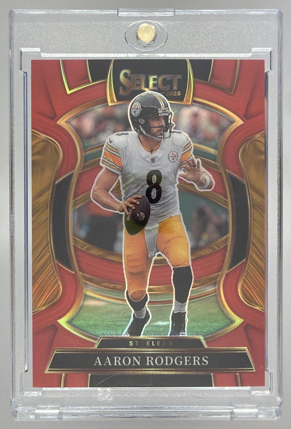 Card image for 2025 Panini Select Aaron Rodgers Concourse Red Prizm /99 #51 Steelers