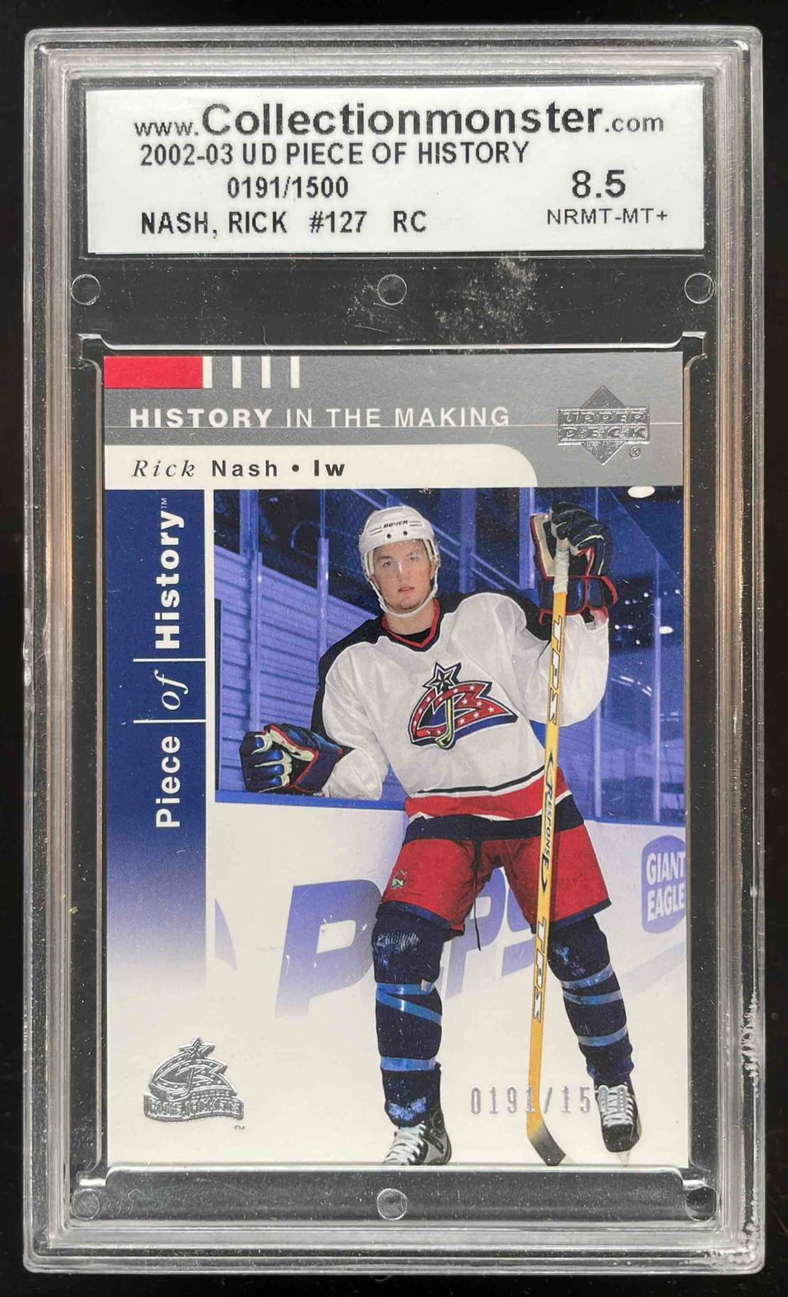 Card image for 2002-03 UPPER DECK PIECE OF HISTORY RICK NASH /1500 #127 RC ROOKIE GRADED 8.5