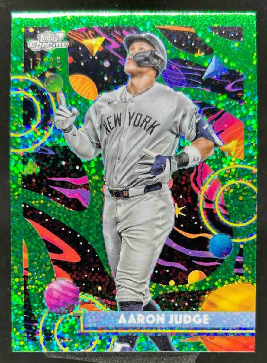 Card image for Aaron Judge 2025 Topps Cosmic Chrome Green Space Dust Refractor /75