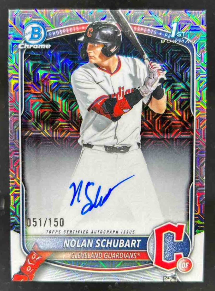 Card image for Nolan Schubart 2025 Bowman Draft Chrome Prospect Auto HTA Choice Refractor /150