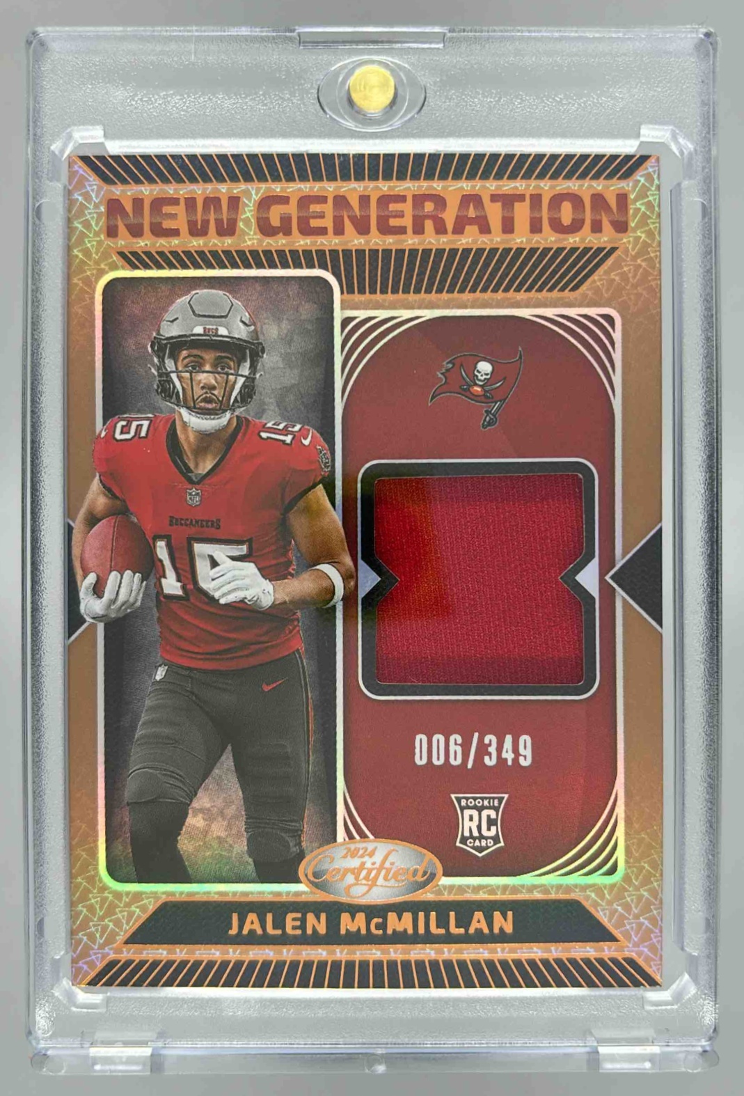 Card image for 2024 Panini Certified Jalen McMillan New Generation Jerseys Mirror Bronze /349 #NGS-JMN RC MEM Buccaneers