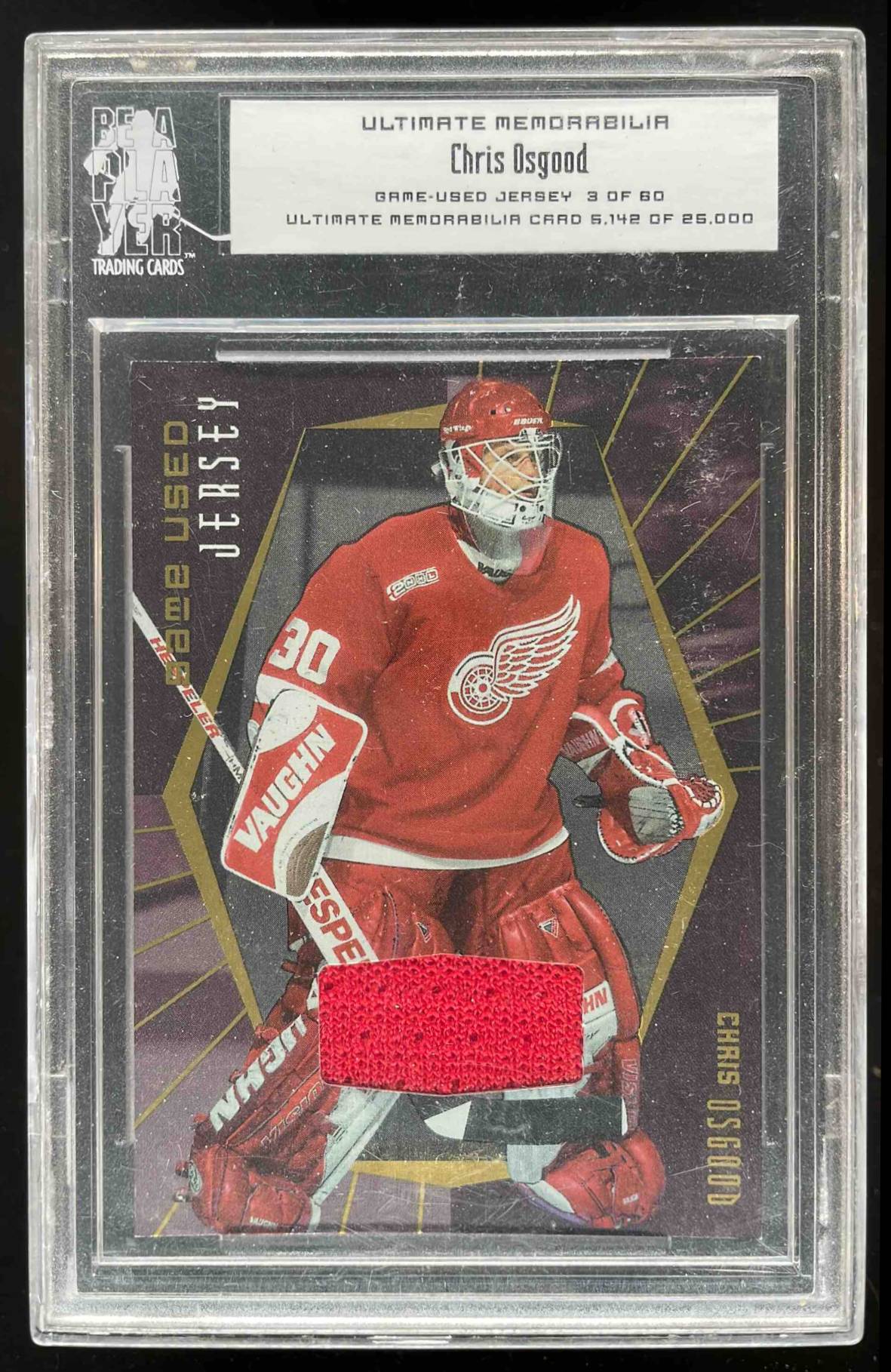 Card image for 2000-01 ITG ULTIMATE MEMORABILIA CHRIS OSGOOD GAME USED JERSEY ENCASED GJ42 3/60