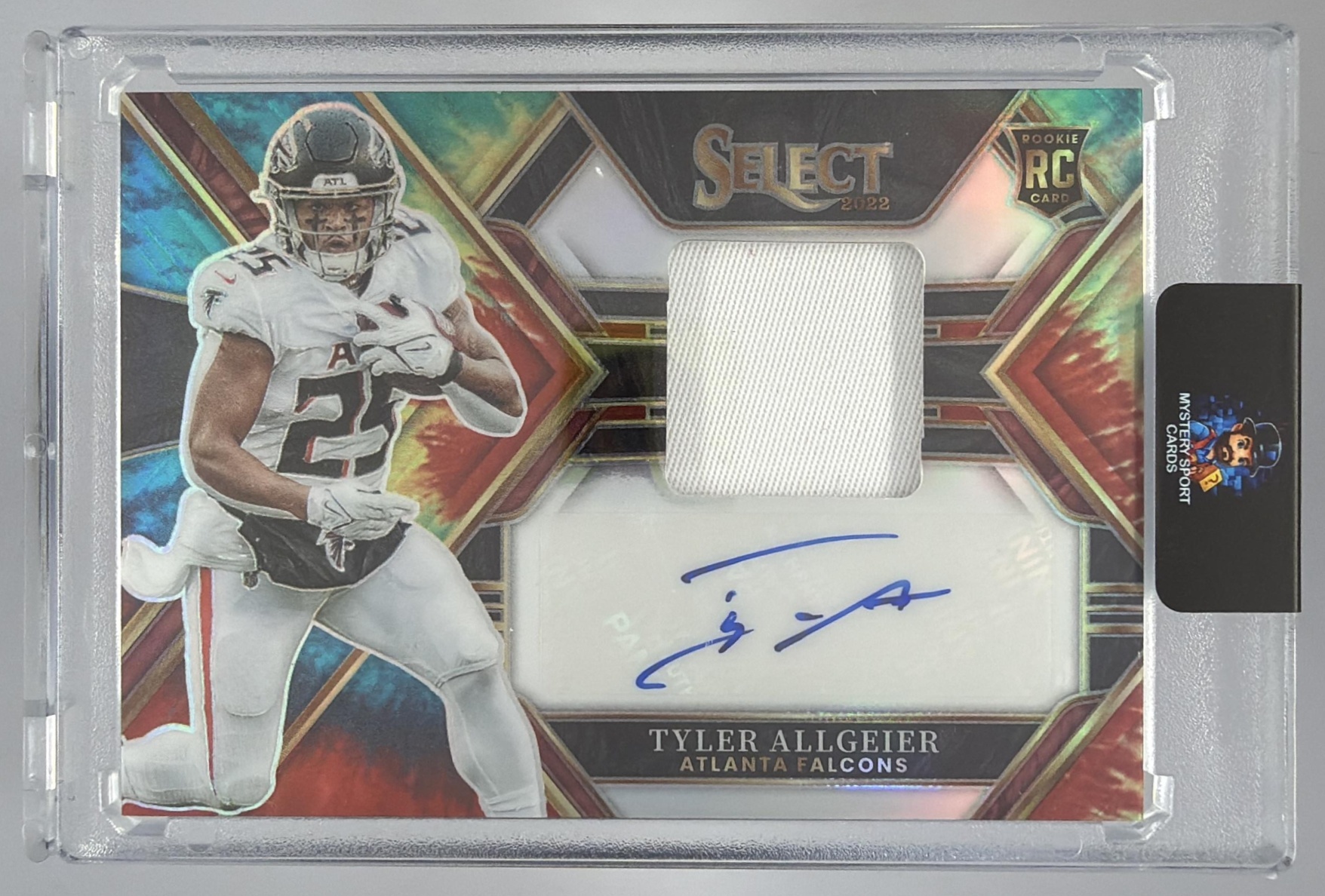 Card image for 2022 Panini Select Tyler Allgeier Rookie Signature Memorabilia Tie Dye Prizm /25 #RSM-TA MEM Auto RC Falcons
