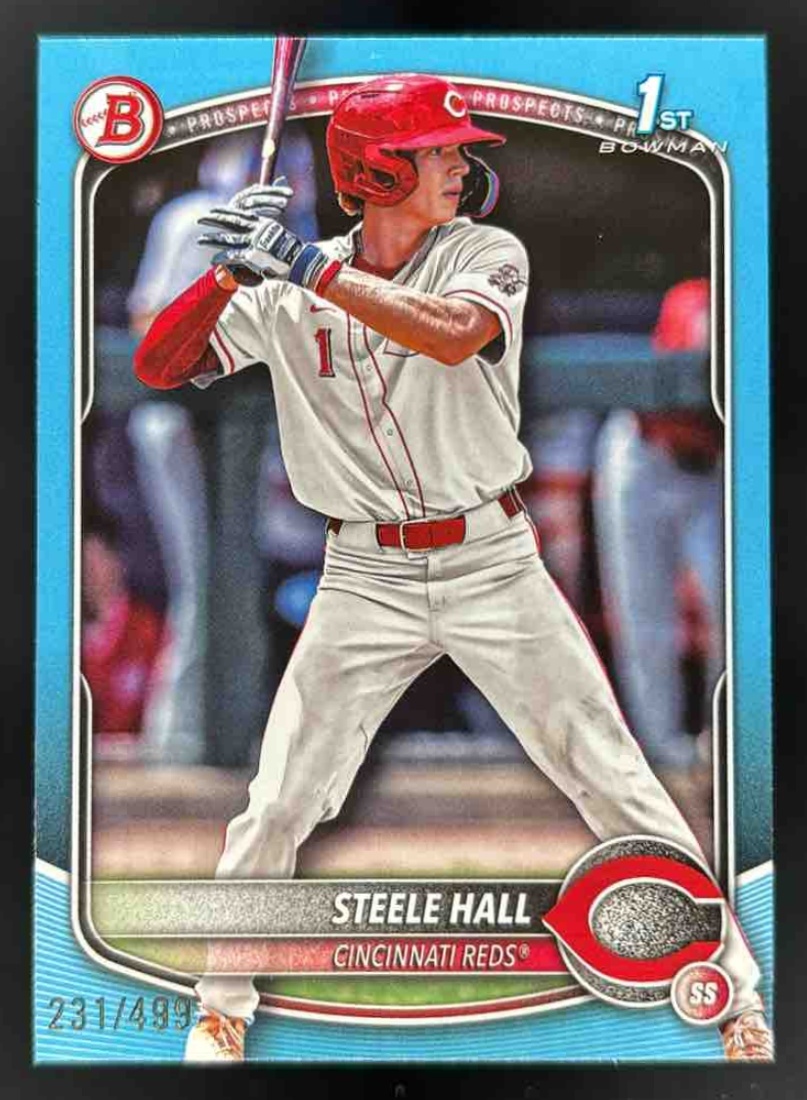Card image for 2025 Bowman Draft Steele Hall Sky Blue Border /499 #BD-20 Reds