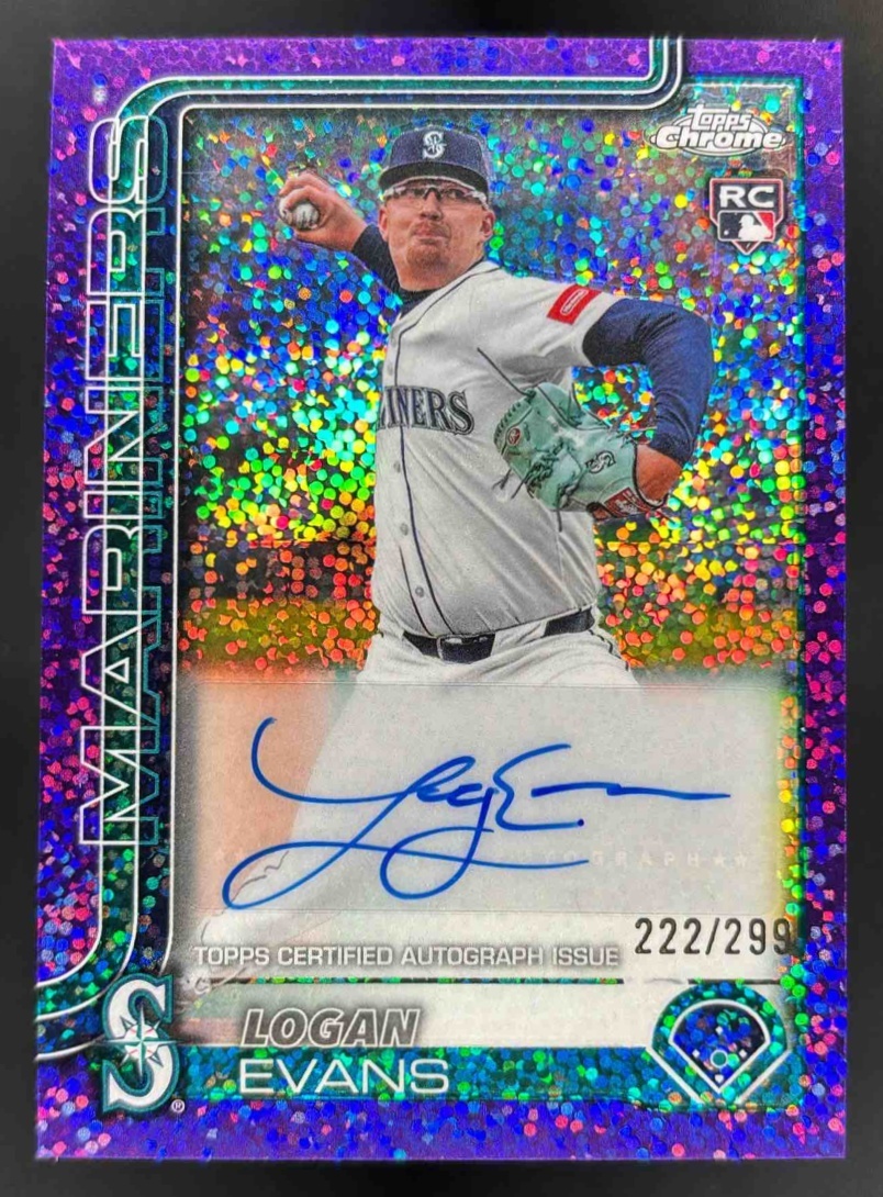 Card image for 2025 Topps Chrome Update Logan Evans Auto Purple Speckle Refractor /299 RC