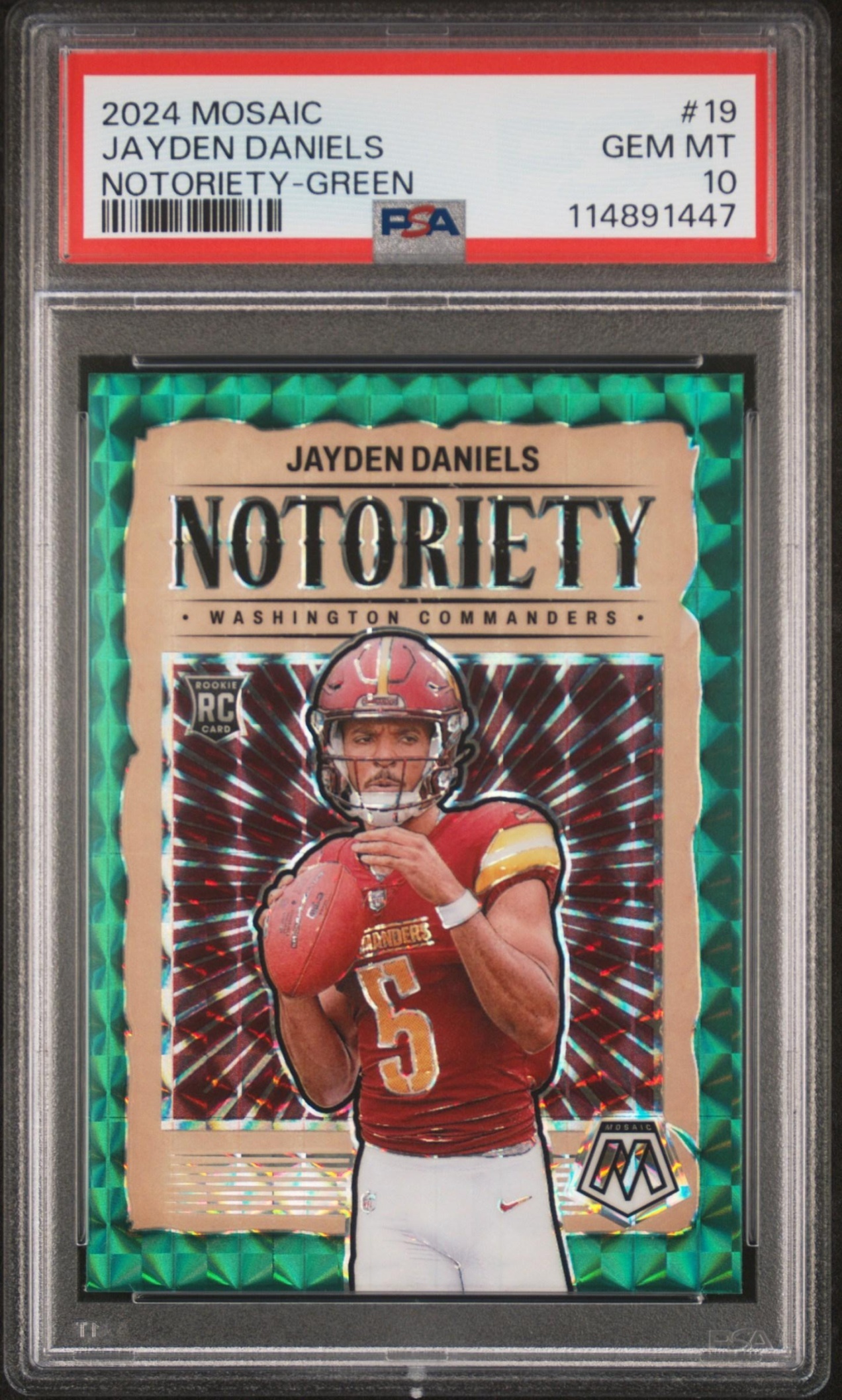 Card image for 2024 Panini Mosaic Jayden Daniels Notoriety Green #19 RC Commanders