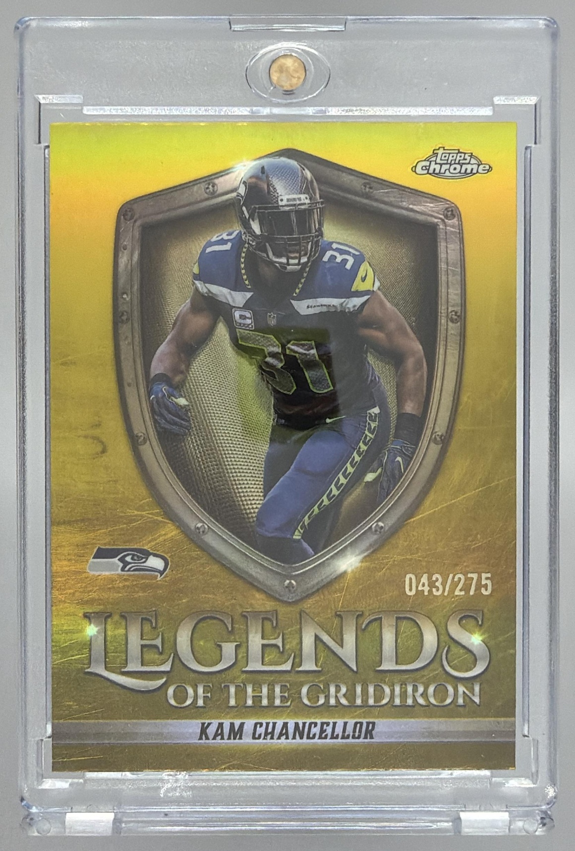 Card image for 2025 Topps Chrome Kam Chancellor Legends of the Gridiron Yellow Refractor /275 #LOG-34 Seahawks