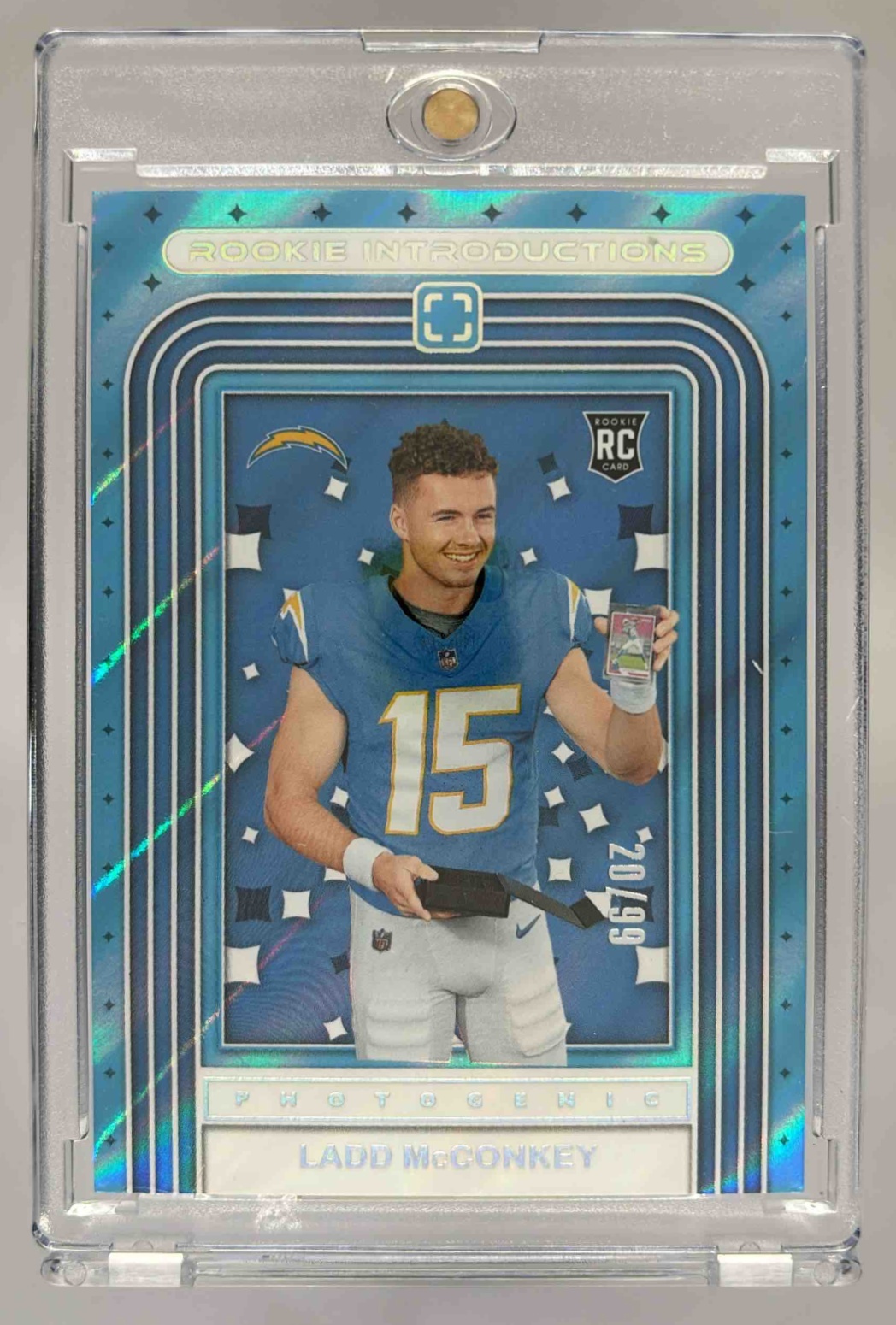 Card image for 2024 Panini Photogenic Ladd McConkey Rookie Introductions Blue /99 #3 RC Chargers