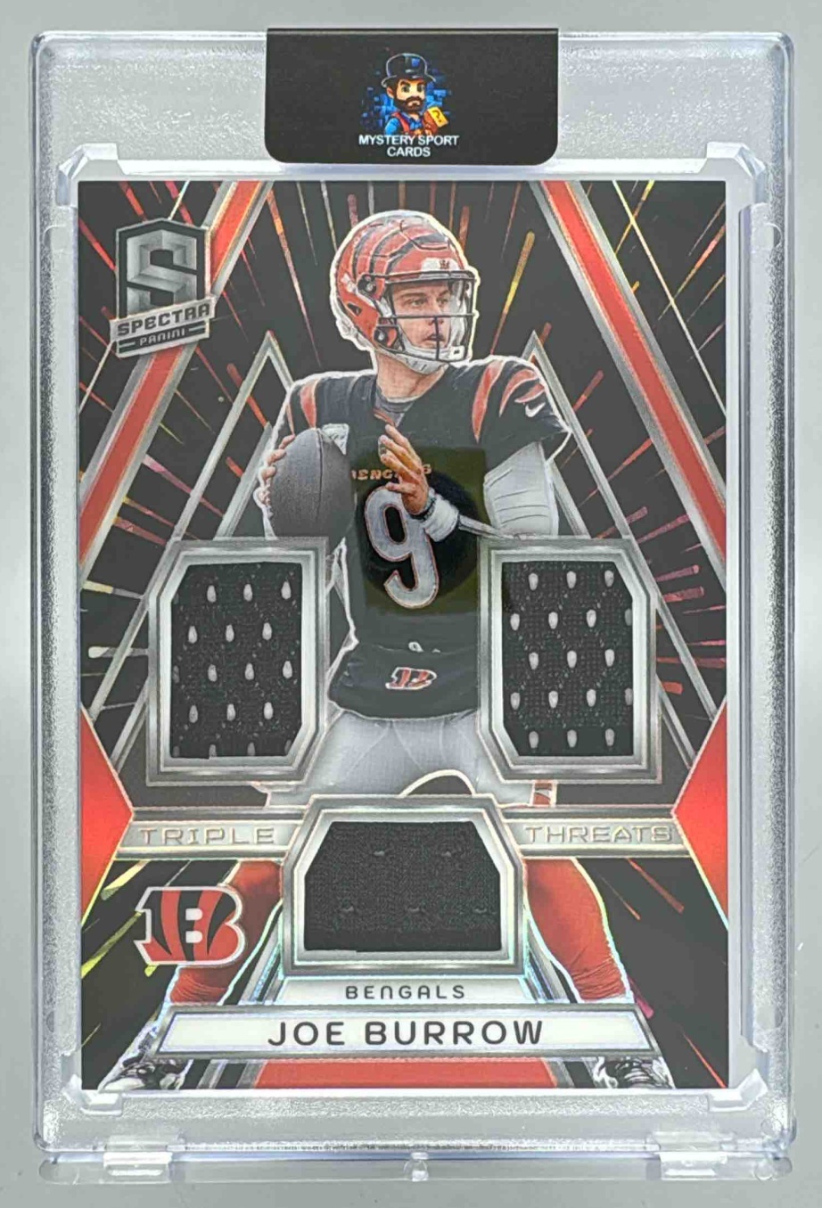 Card image for 2024 Panini Spectra Joe Burrow Triple Threats Hyper /75 #TT-JBW MEM Bengals