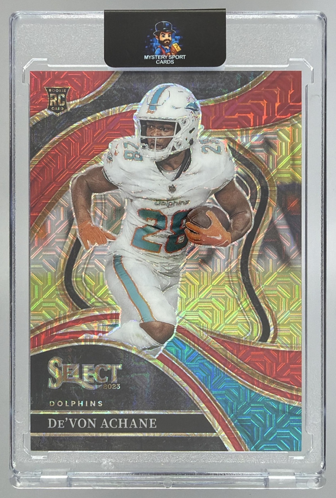 Card image for 2023 Panini Select De'Von Achane Disco Red Prizms /49 #274 Club RC Dolphins