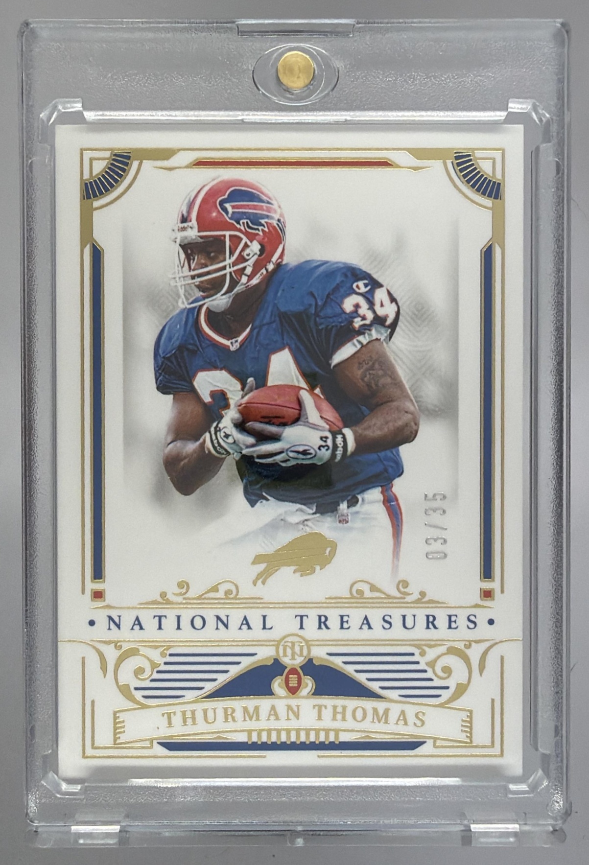 Card image for 2025 Panini National Treasures Thurman Thomas Gold /35 #12 Bills