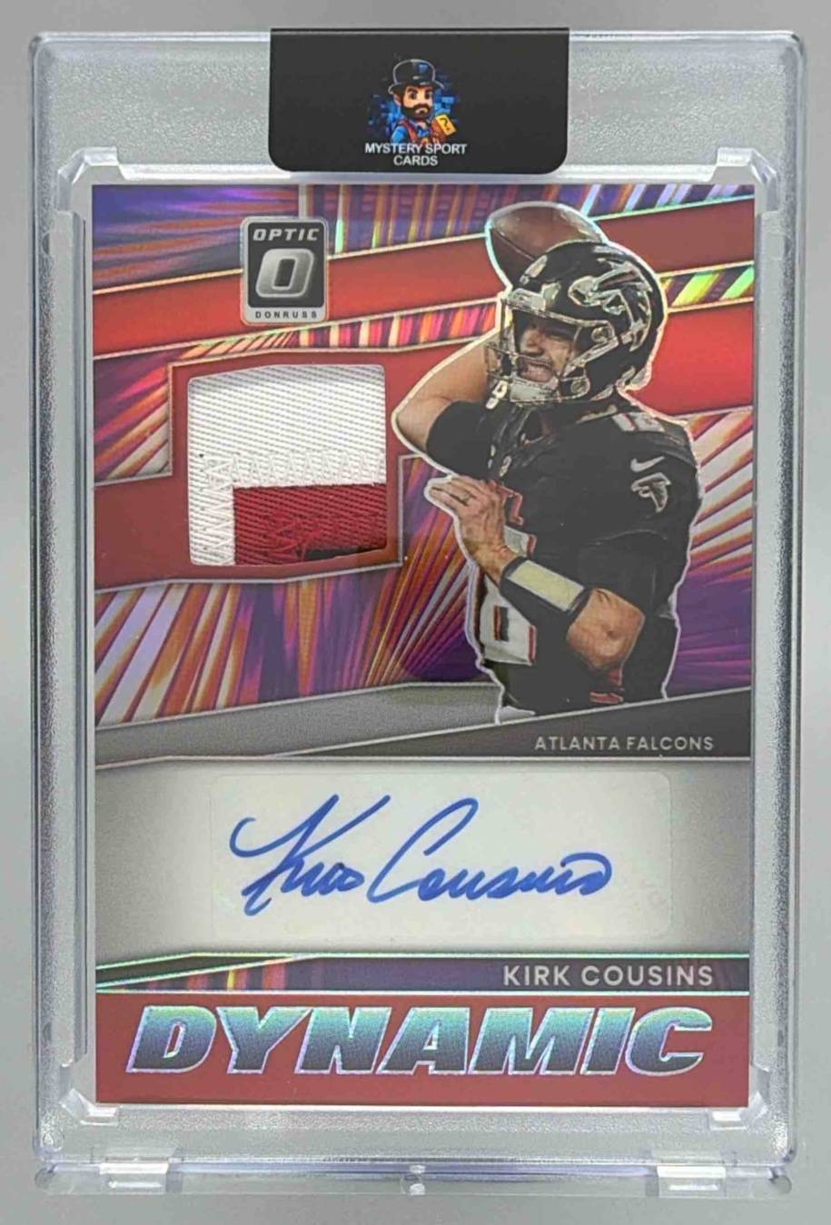 Card image for 2025 Panini Donruss Optic Kirk Cousins Dynamic Patch Auto /35 #DPA-KC MEM Falcons