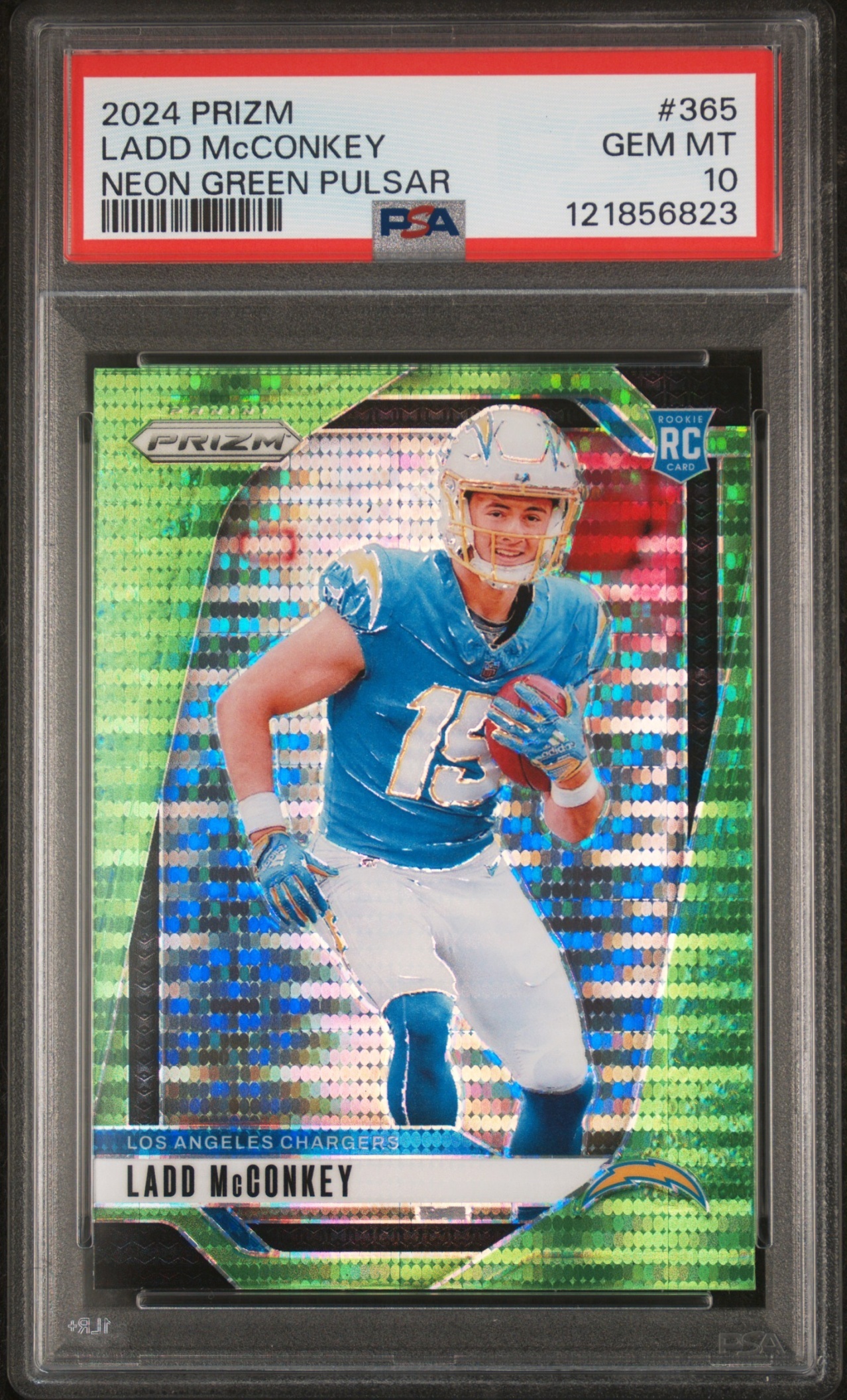 Card image for 2024 Panini Prizm Ladd McConkey Neon Green Pulsar #365 RC Chargers
