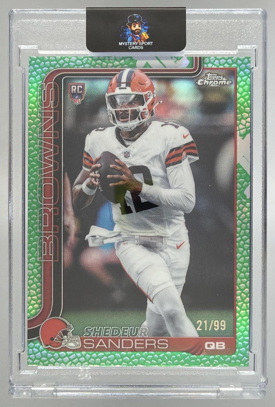 Card image for 2025 Topps Chrome Shedeur Sanders Rookie Green Geometric Refractor /99 #315 RC Browns