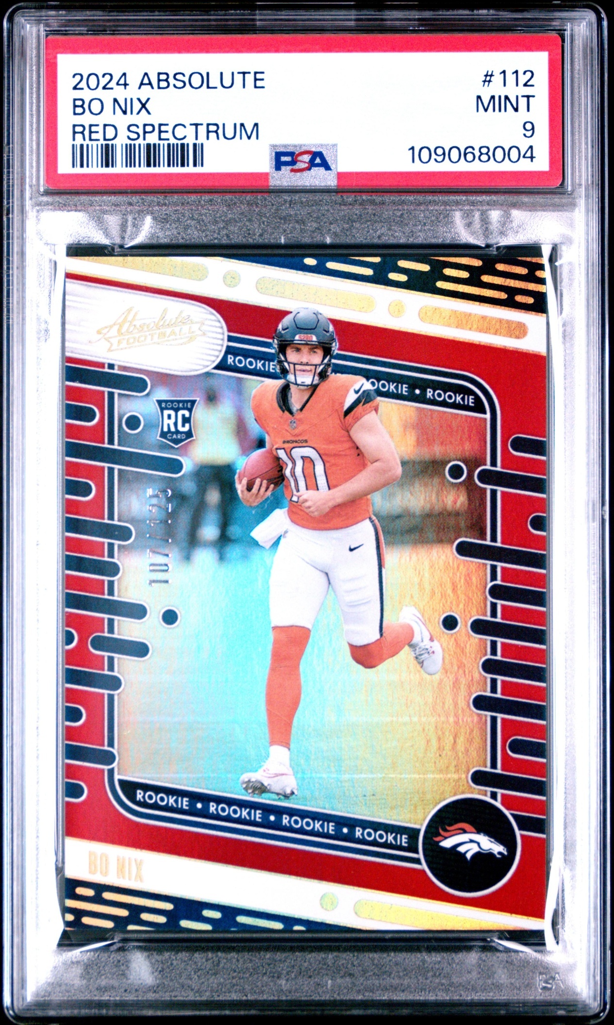 Card image for 2024 Panini Absolute Bo Nix Rookies Red Spectrum /125 #112 RC Broncos