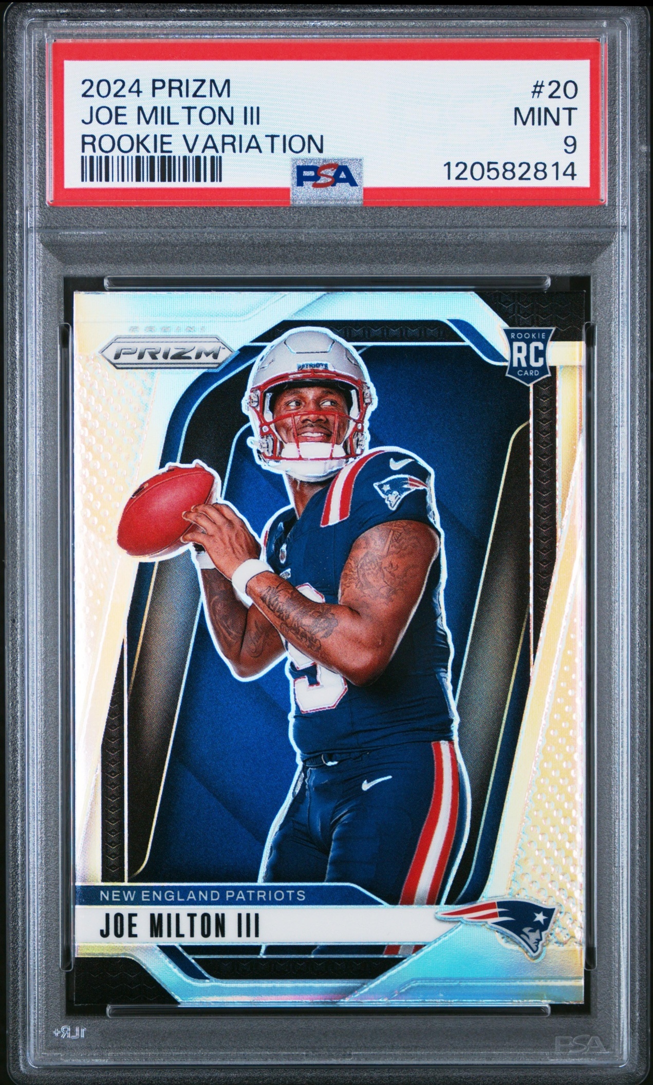 Card image for 2024 Panini Prizm Joe Milton III Rookie Variations #20 RC VAR Patriots