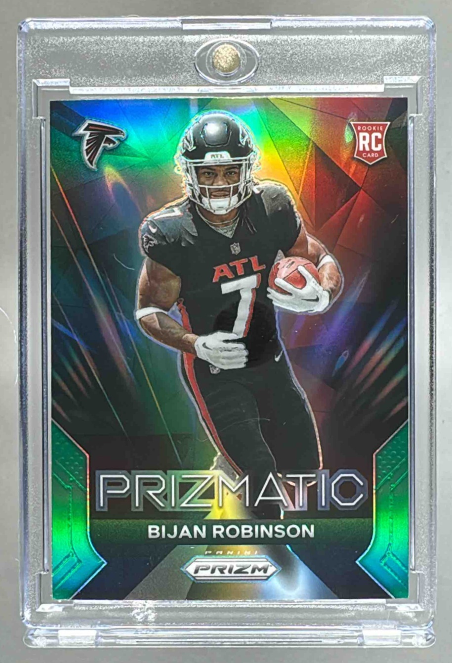 Card image for 2023 Panini Prizm Bijan Robinson Prizmatic No Huddle #19 RC Falcons