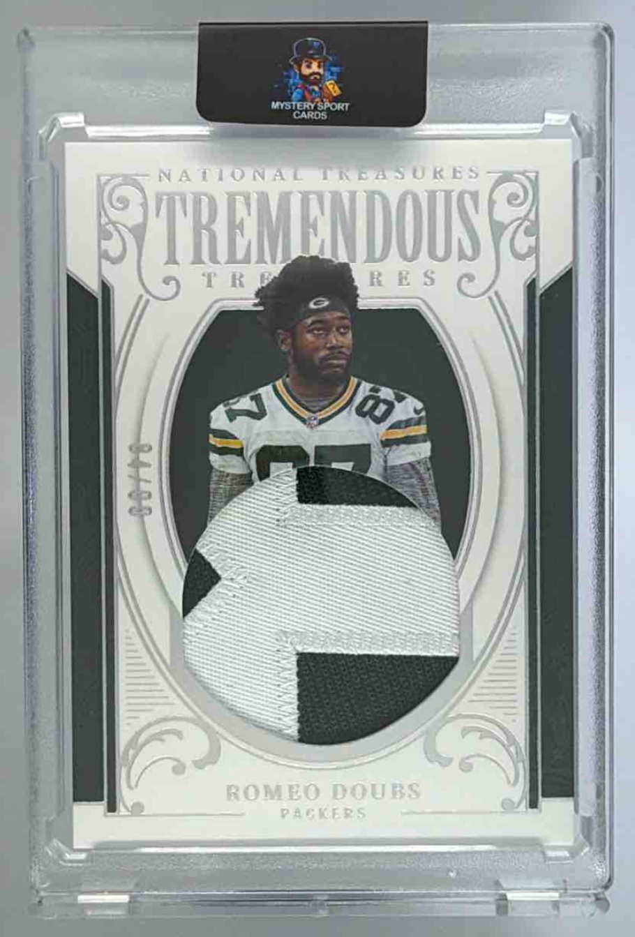 Card image for 2025 Panini National Treasures Romeo Doubs Tremendous /99 #TT-RDS MEM Packers
